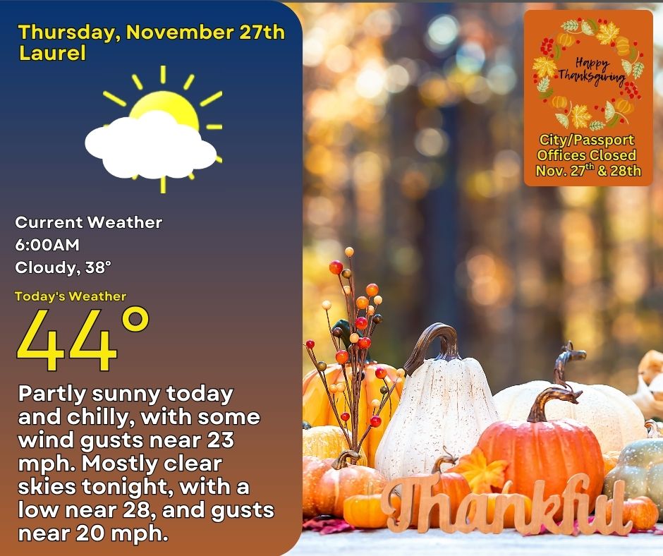 #HappyThanksgiving! November 27th will be cool and breezy, with partly sunny skies, high near 44, and some gusts near 23 mph. Cold tonight, under mostly clear skies, with a low near a freezing 28, and some gusts near 20 mph.