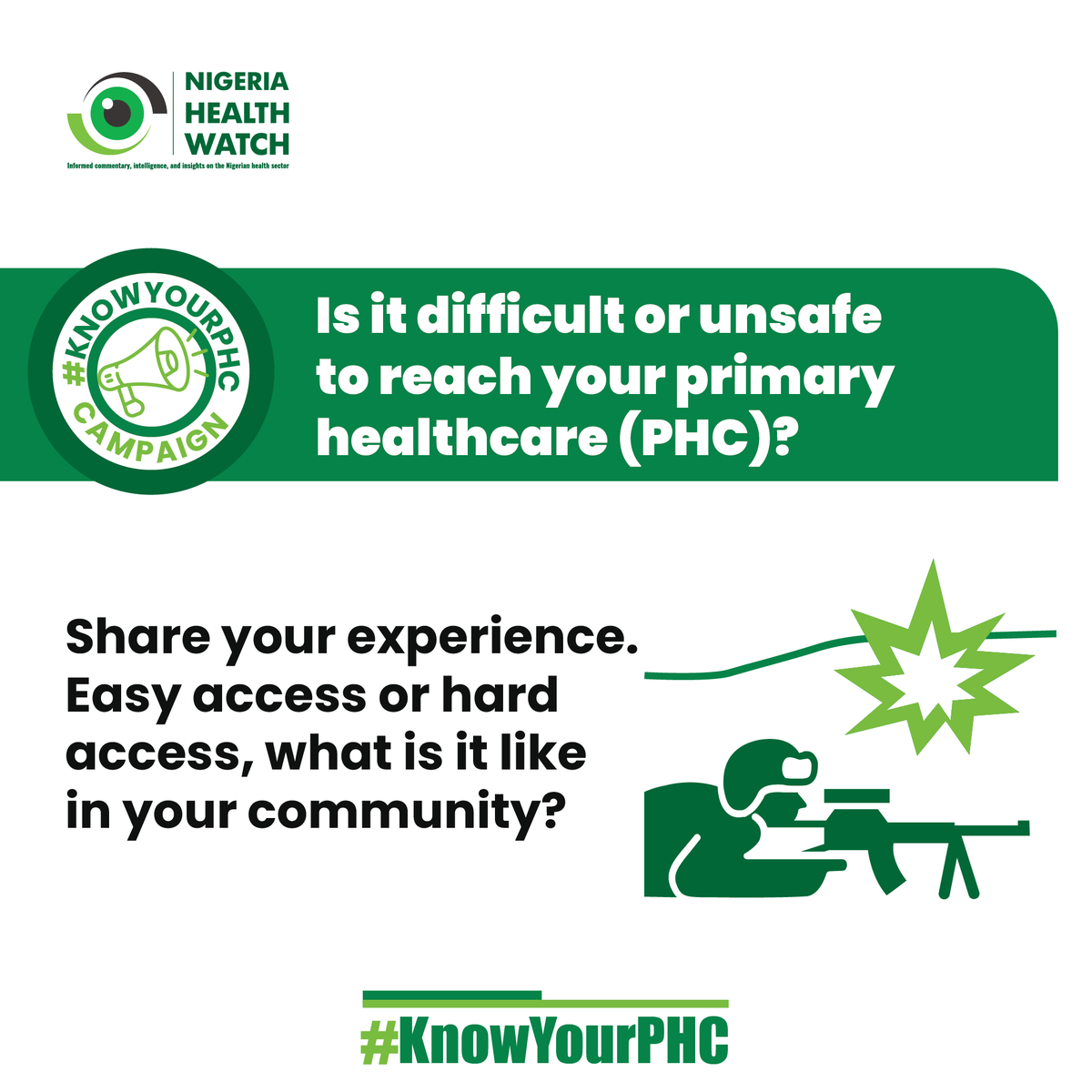 nighealthwatch's tweet image. Your experience matters. Visit your local primary healthcare (PHC), observe the conditions, and share what you see. Is it accessible, safe, and providing quality care? Post a photo or short video with #KnowYourPHC and help your community’s voice be heard.