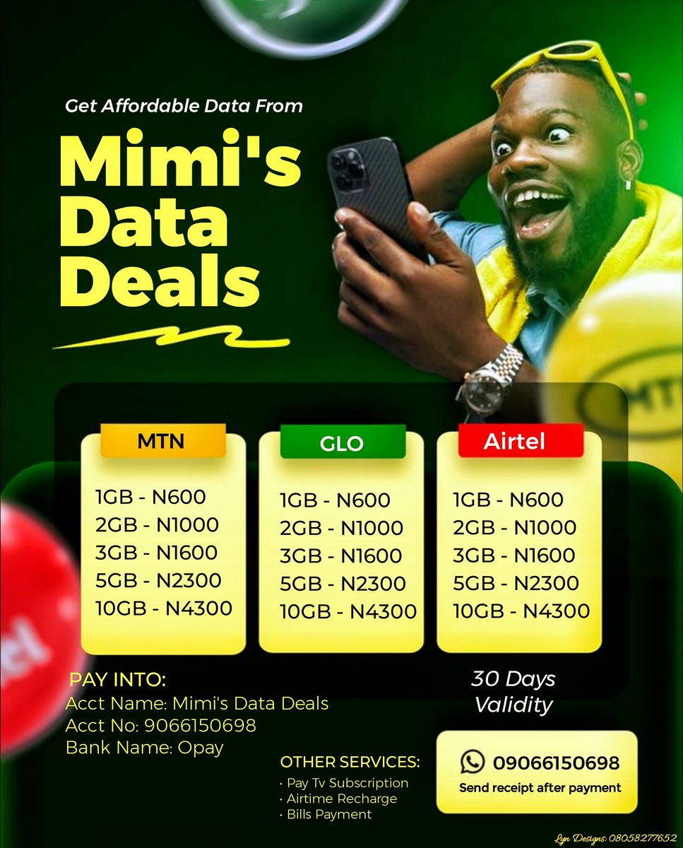 EvelynOlal17356's tweet image. Happy Thursday 👩‍💻 
Designed a bright, engaging flyer for Mimi’s Data Deals, promoting affordable data bundles for MTN, GLO, and Airtel.
#graphicsdesign #pixellab #FlyerDesign #opentowork #designjourney #lyndesigns #graphicdesigner