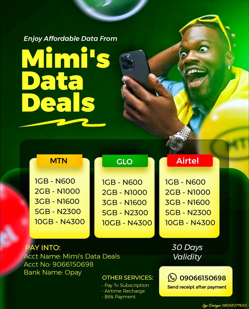 EvelynOlal17356's tweet image. Happy Thursday 👩‍💻 
Designed a bright, engaging flyer for Mimi’s Data Deals, promoting affordable data bundles for MTN, GLO, and Airtel.
#graphicsdesign #pixellab #FlyerDesign #opentowork #designjourney #lyndesigns #graphicdesigner