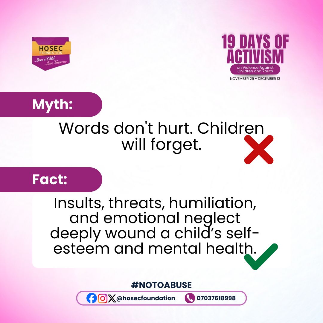 hosecfnd's tweet photo. Emotional abuse may be silent, but its scars are deep. Most times showing up later as anxiety, low self-worth, depression, and challenges in forming healthy, trusting relationships.

Every word matters. Every child deserves respect, safety, and love. https://t.co/IjJikl8pIl
