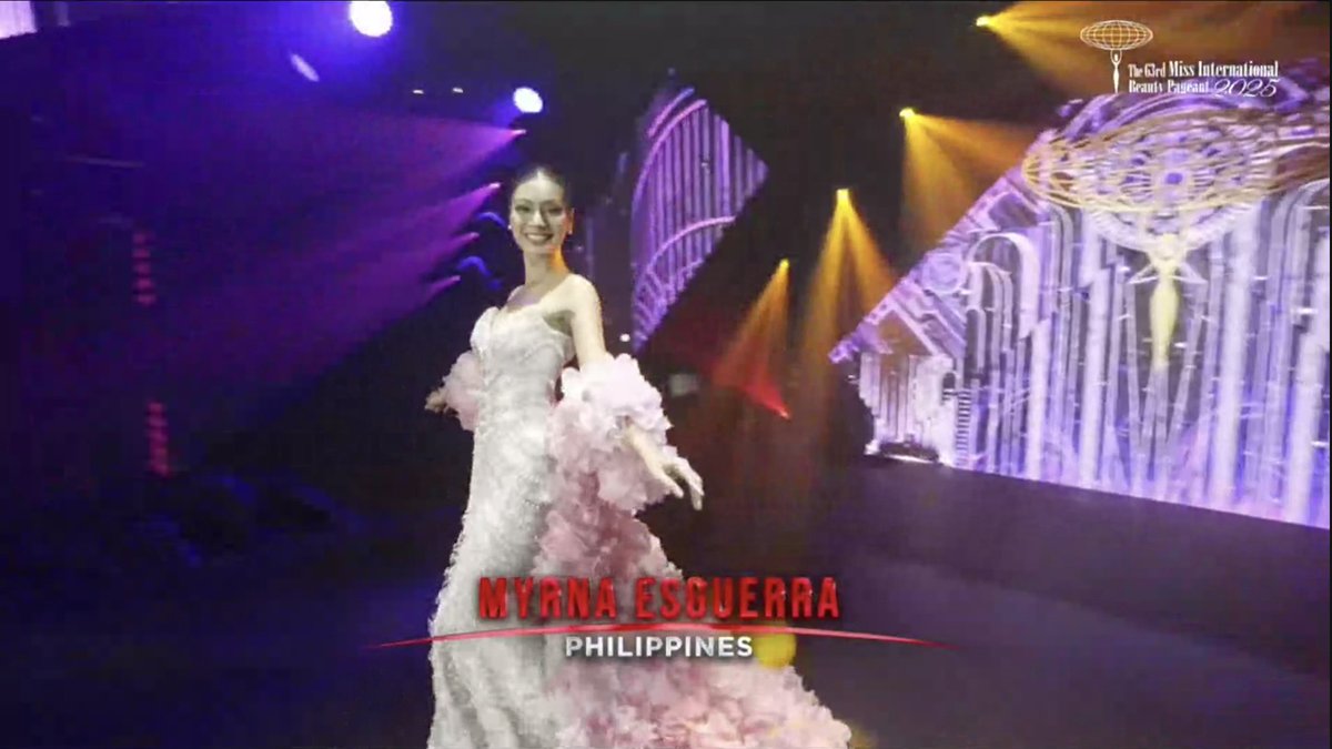 inquirerdotnet's tweet photo. ELEGANCE ON THE RUNWAY  ✨

LOOK: Myrna Esguerra graces the stage in her breathtaking evening gown, as the top 20 finalists slide through the runway with grace, and world-class poise. 👑💫

•⁠ Follow #MissInternational2025 live updates here: https://t.co/06Me86EgGD https://t.co/Rz2VJjaLlK
