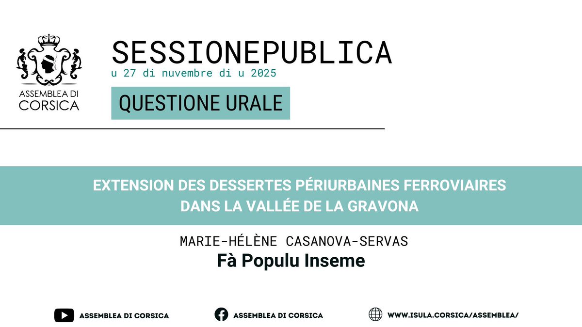 Danielle Antonini au nom du groupe <a href="/fapopuluAC/">Fà Populu Inseme - Assemblea di Corsica</a> interroge le Conseil exécutif de Corse sur l’extension des dessertes périurbaines ferroviaires dans la vallée de la Gravona #ACinVivu
ℹ️ isula.corsica/assemblea/docs…