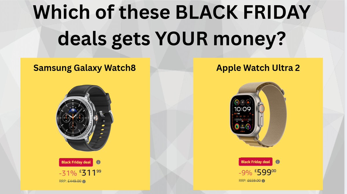 EpicOnlineDeals's tweet image. If you&apos;re in the market for a new watch, which one you going for?
Samsung Galaxy Watch8
£311.99
amzn.to/4p3rtA3

Apple Watch Ultra 2
£599.00
amzn.to/4pTUGOf

@AppleUK_ @SamsungUK 

#BlackFriday 

#amazon #ad 

Vote in the comments!
🍏=Apple
⌚= Samsung