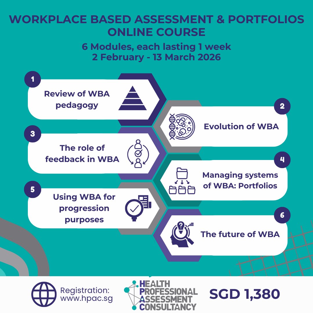HPAConsultancy's tweet image. Strengthen your assessment practice in the clinical workplace. 📚

Our online course offers an evidence-based introduction to WBA theory, assessment tools, feedback, and system design.

📅 2nd February- 13th March 
🔗: hpac.sg/online-course-…

#WBA #Assessment #MedEd #HPE