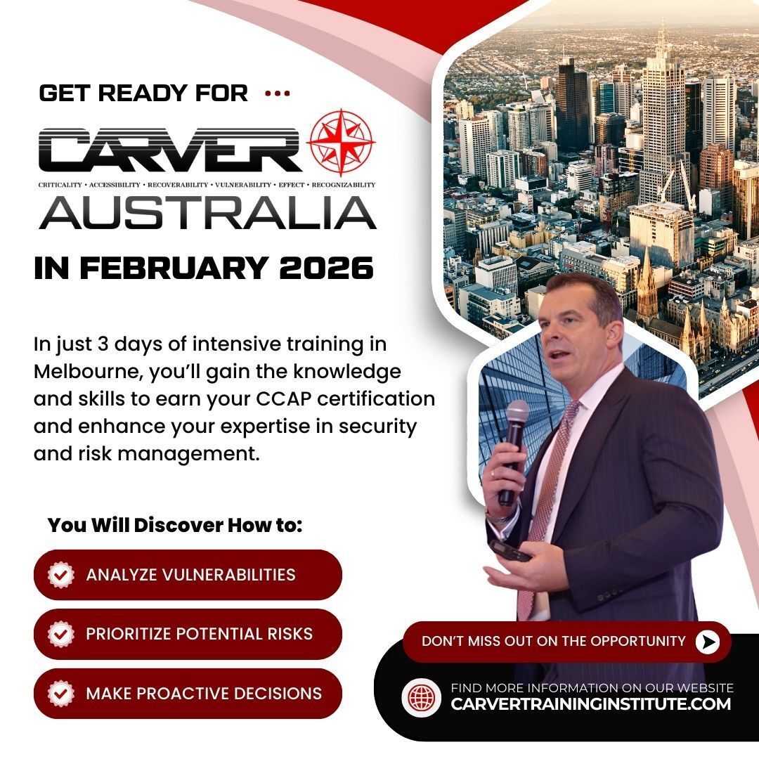 Get ready for CARVER Australia in Feb 2026!
3 days of intensive training in Melbourne to earn your CCAP and master proactive risk analysis.
🔴Details soon: carvertraininginstitute.com
#CARVERAustralia #SecurityTraining #RiskManagement #LeadershipDevelopment #CCAP