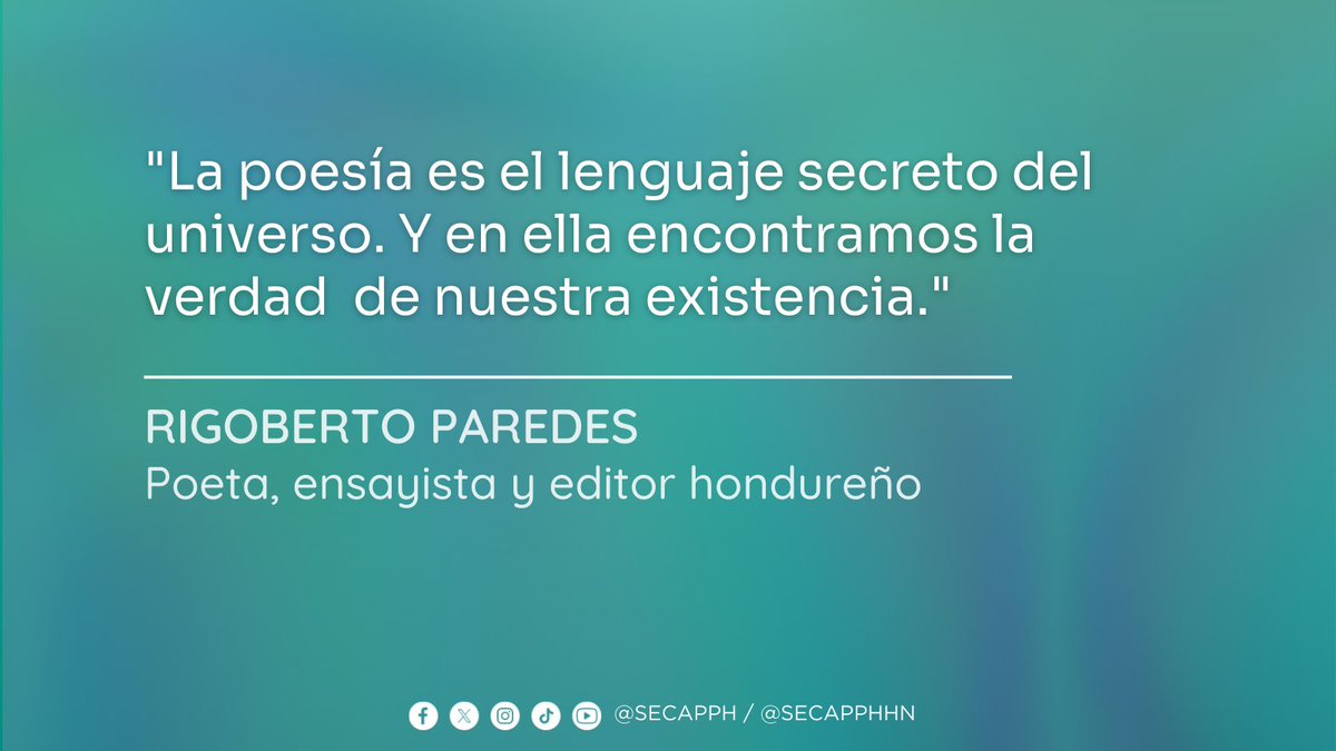 SECAPPH's tweet image. #SECAPPHHOY ✨ &quot;La poesía es el lenguaje secreto del universo. Y en ella encontramos la verdad de nuestra existencia.&quot; - Rigoberto Paredes.

Una frase que nos hace meditar sobre el poder de la palabra. 💫

#FraseDelDia #SECAPPH
#PoesíaLatina #RigobertoParedes