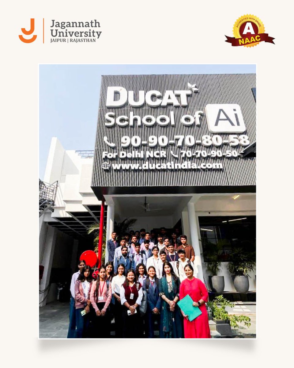 JaganNathJaipur's tweet photo. BCA students from the Faculty of Engineering &amp; Technology (FET), Jagannath University, Jaipur, visited the DUCAT School of Artificial Intelligence to enhance their practical and industry-aligned learning.

#JagannathUniversityJaipur #AI #IndustryExposure #TechnicalLearning https://t.co/Inp5nHi0sr