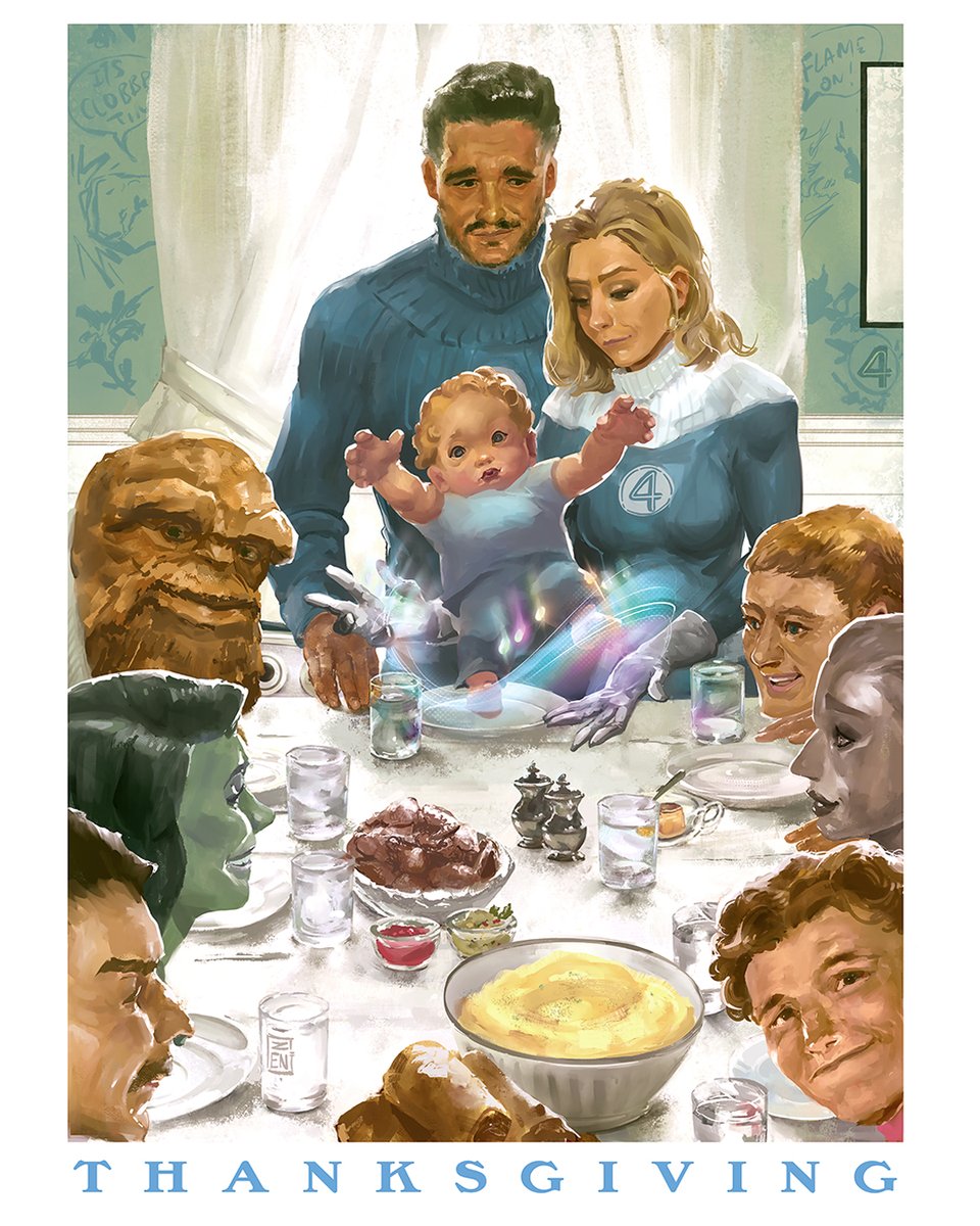 ZenGMonKey's tweet image. Here’s a new art piece by me, inspired by Norman Rockwell’s Thanksgiving with the Fantastic Four, and their closest friends. I hope everyone have a great Thanksgiving wherever you are and whomever you choose as your family.  #marvel #thanksgiving #fantasticfour #comicart