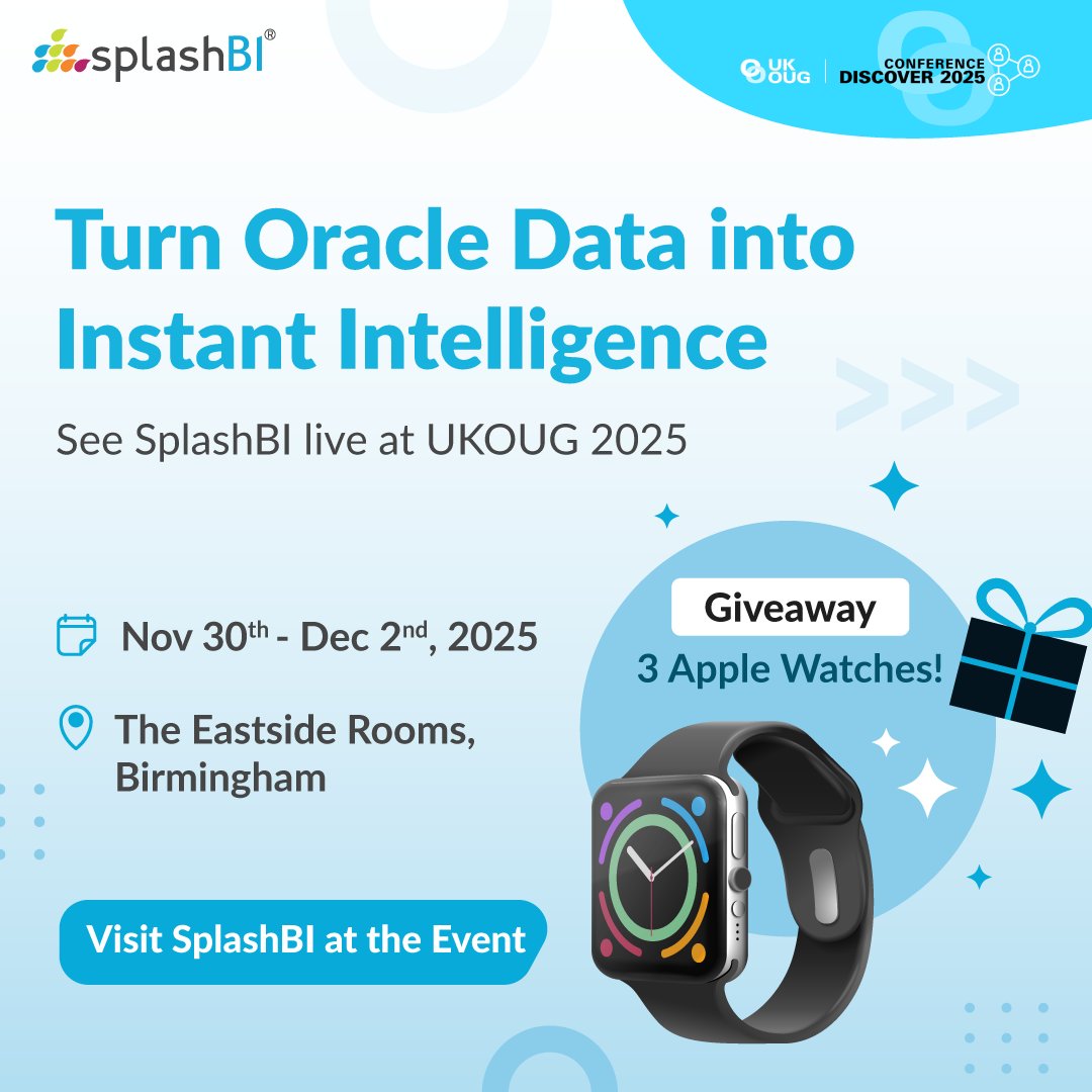 SplashBI's tweet image. Get more from your Oracle data.
At UKOUG 2025, see how SplashBI delivers instant insights across ERP, HR, and Finance.
Try NL answers, AI-powered SQL, and unified EBS + Fusion reporting.

 splashbi.com/events/splashb…

#ukougdiscover25 #OracleEBS #OracleFusionCloud