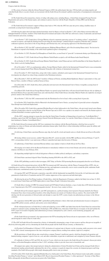 A multi-page screenshot of a legislative document titled 'SEC. 2 FINDINGS' from the U.S.-South Africa Bilateral Relations Review Act, listing numbered findings in black text on a white background, formatted like official bill text with paragraphs detailing South African government actions.