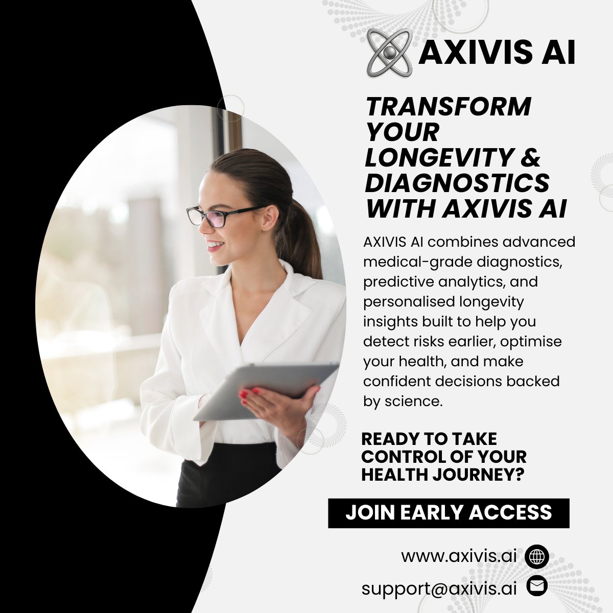 axivisAI's tweet image. AI-Powered Diagnostics for a Longer, Healthier Life

Your future health starts today.
AXIVIS AI gives you medical-grade diagnostics, early-risk detection, and personalised longevity insights all powered by advanced AI.
Early Access is now open axivis.ai

#AXIVISAI