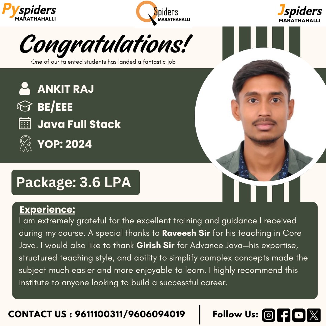 JspMarathahalli's tweet image. Congratulations Ankit Raj
.
.
FOR MORE INFORMATION, CONTACT
JSPIDERS MARATHAHALLI
KARTHIK/MANASA:
9611100311/9606094019
.
.
.
#jspiders #pyspiders #coding #jspidersmarathahalli #webdeveloper #corejava #mern #html #css #javascripts #jspiders #devops