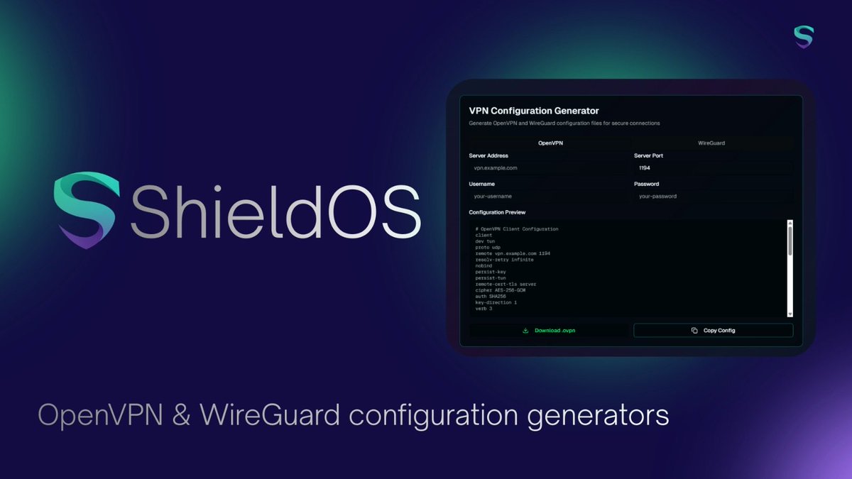 shield_os's tweet image. Update: ShieldOS VPN Module Is Now Live

We’re excited to announce that the ShieldOS VPN module is officially live.
This feature brings a fully integrated, browser-based VPN configuration system directly into ShieldOS making secure connectivity easier, faster, and more accessible…