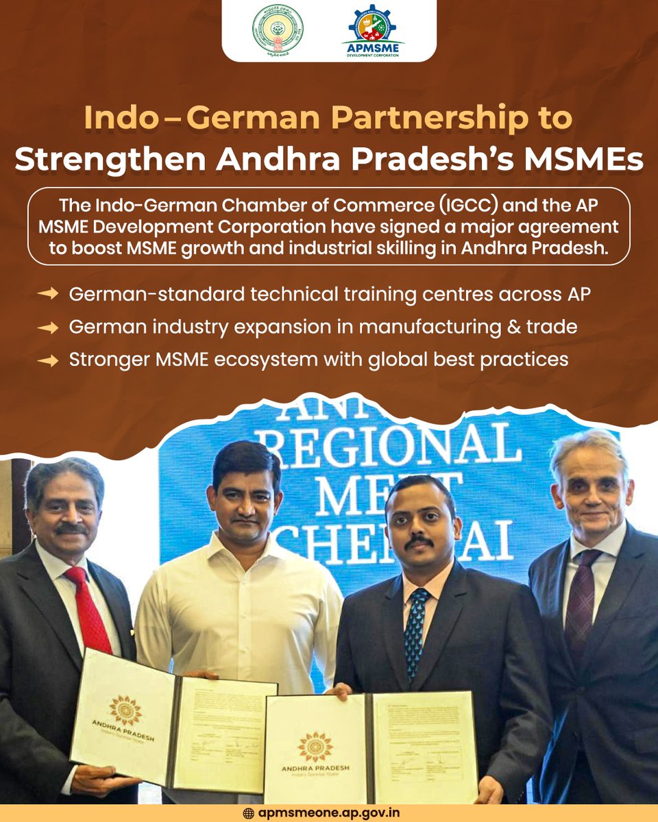 apmsmedc's tweet image. Indo–German Collaboration to Strengthen Andhra Pradesh’s MSME Landscape

The Indo-German Chamber of Commerce (IGCC) and the AP MSME Development Corporation have formalised a key partnership aimed at boosting MSME competitiveness and advancing technical skilling in Andhra Pradesh.…