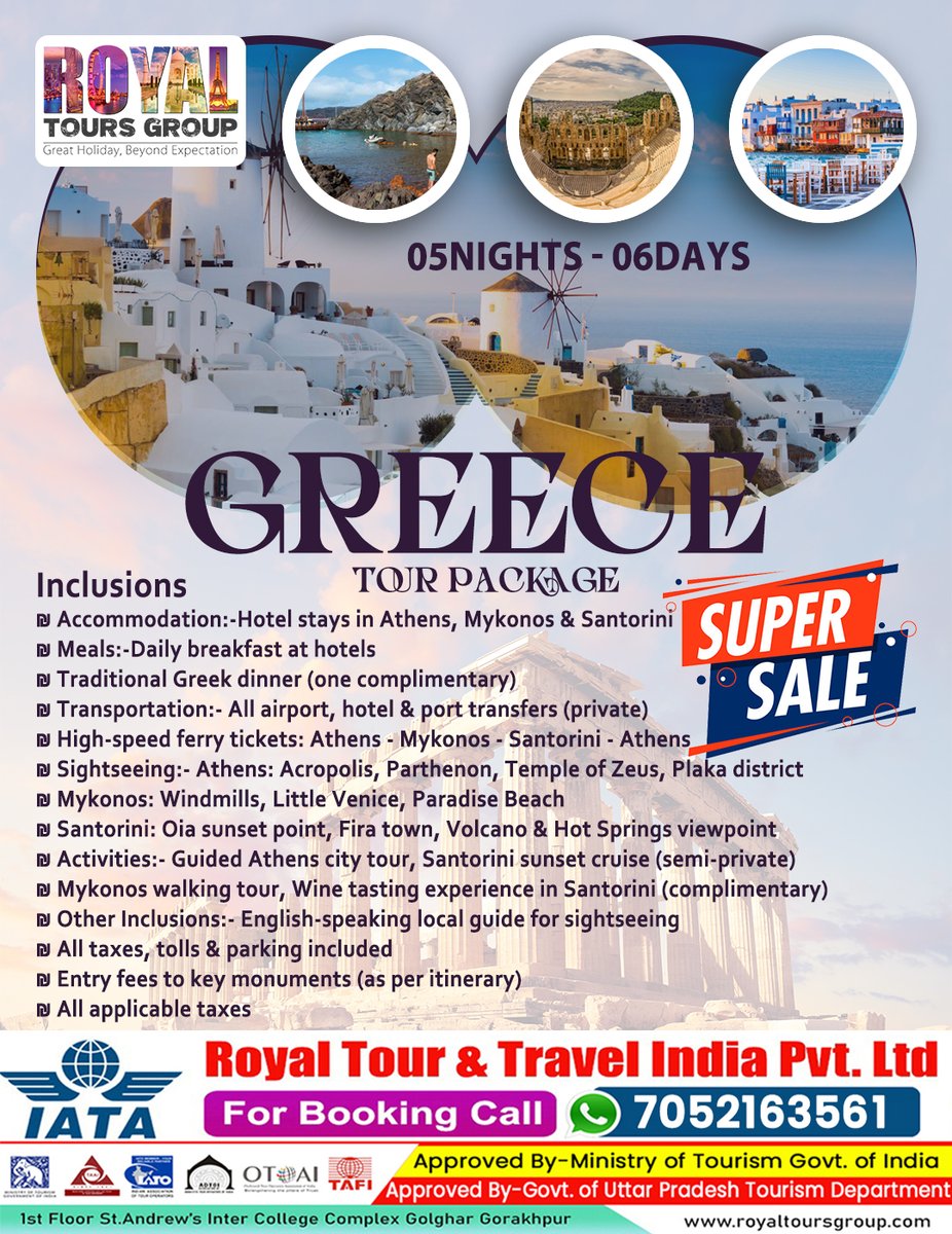 RoyalTourTrave3's tweet image. “Santorini sunsets &amp;amp; ancient wonders… Greece awaits! 🇬🇷✨
Athens ▪ Mykonos ▪ Santorini – one dream trip.
Super Sale is LIVE — book before seats fill! 💙🌅
📞 7052163561 | 🌐 royaltoursgroup.com

#GreeceTour #Santorini #Mykonos #RoyalToursGroup