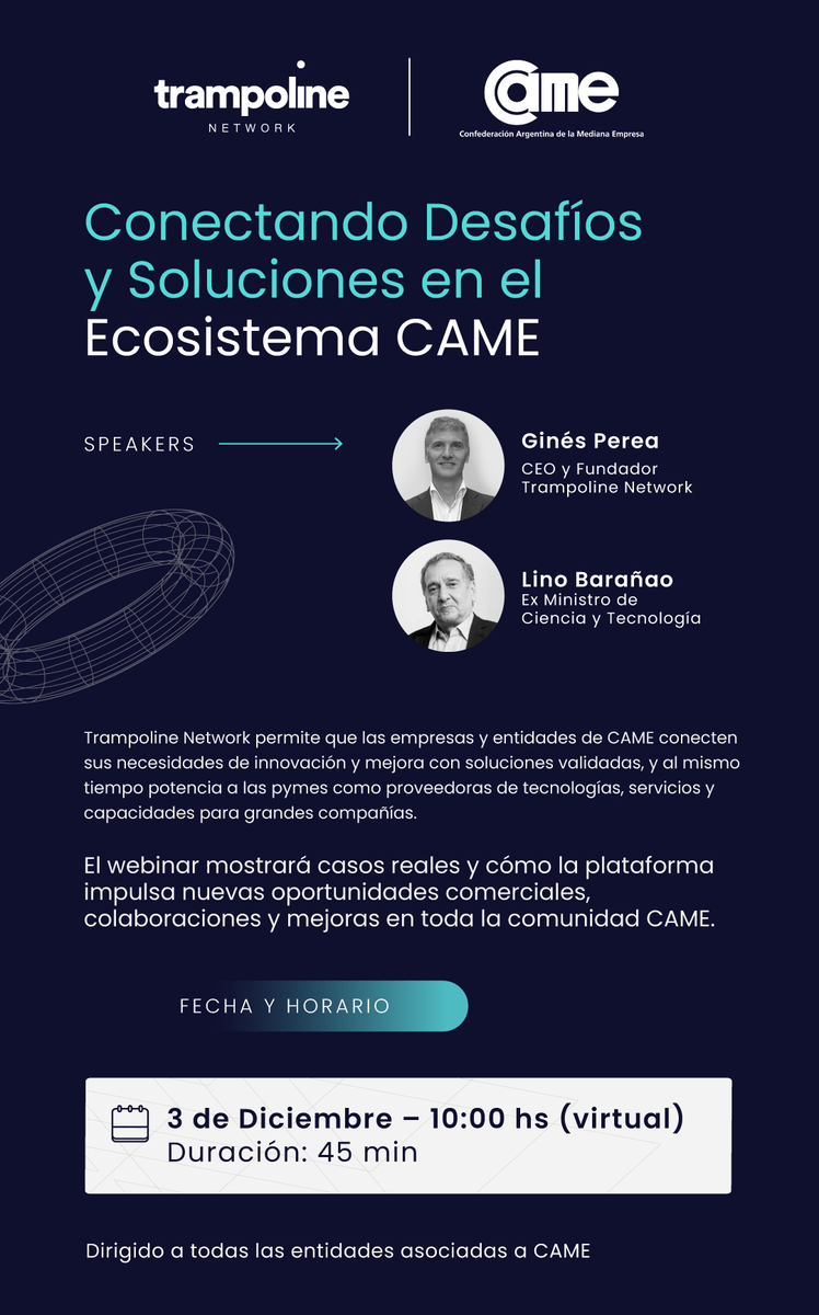 🌐 CONECTANDO DESAFÍOS Y SOLUCIONES EN EL ECOSISTEMA PYME 

Participá del webinar dictado junto a #TrampolineNetwork: conocé esta plataforma 🇦🇷 que vincula necesidades de innovación y mejora de las empresas con soluciones validadas, y que potencia a las #pymes como proveedoras de