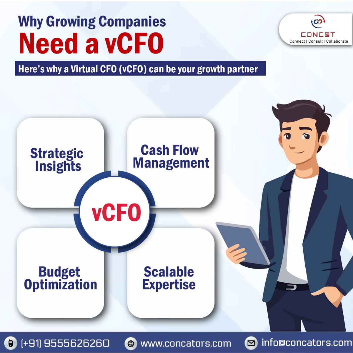Concators's tweet image. Growing fast but lacking financial clarity?
Contact Us
Smart businesses choose smarter finances.

#VirtualCFO #vCFO #CFOServices #BusinessGrowth #CashFlowManagement
#FinancialStrategy #StartupIndia #ScaleYourBusiness #BudgetPlanning #CONCAT