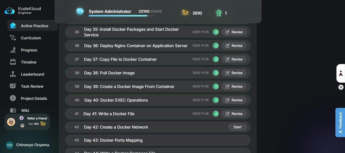 nenyeonyema's tweet image. 🚀 Days 37–41 of #100DaysOfDevOps — #Docker Deep Dive
Few weeks ago, I started my #100DaysofDevOps journey with #Kodekloud, and I have also decided to share my progress here on X.
I&apos;m currently at Day 42, and here is an update on my current progress so far. #DevOps #TechTwitter