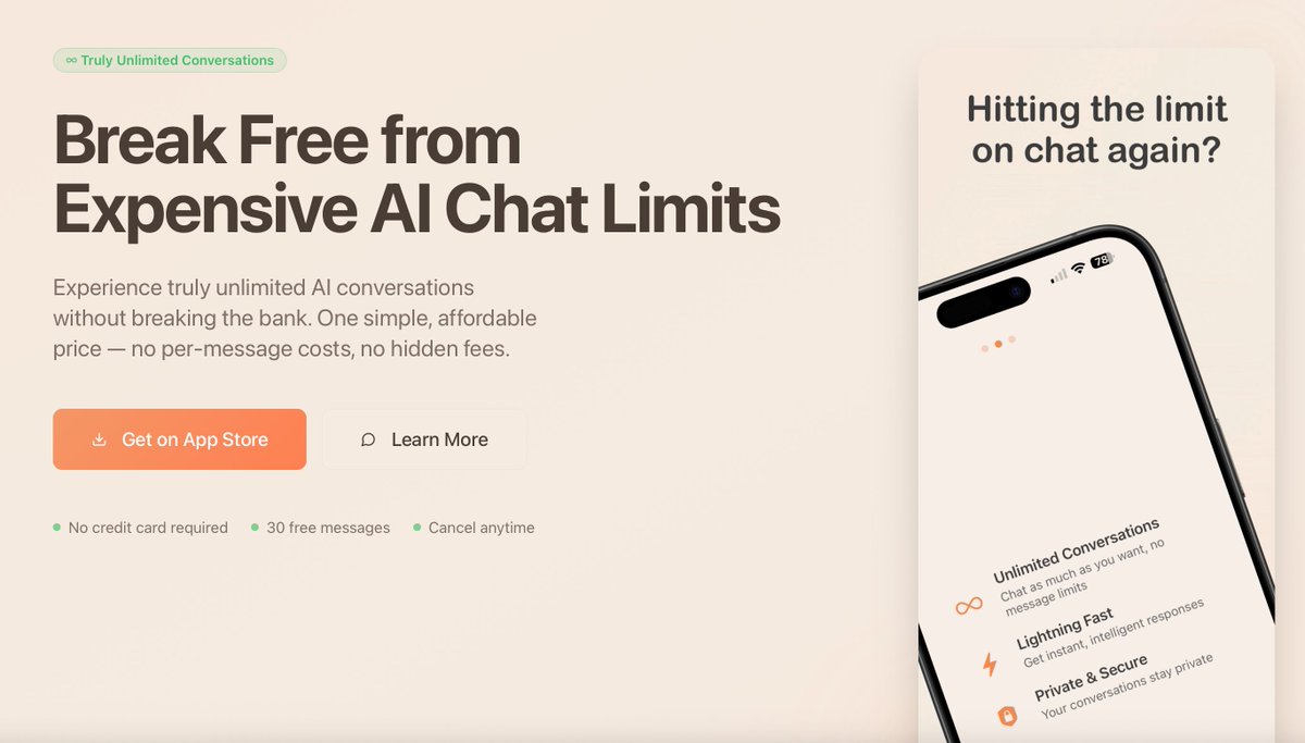 NikitaY_Indie's tweet image. Break Free from Expensive AI Chat Limits

For those who need an endless chat (blazing-fast, no limits), but not ready to pay $20/month. Try this new kid:

InfiniChatAI.com @InfiniChatAI
