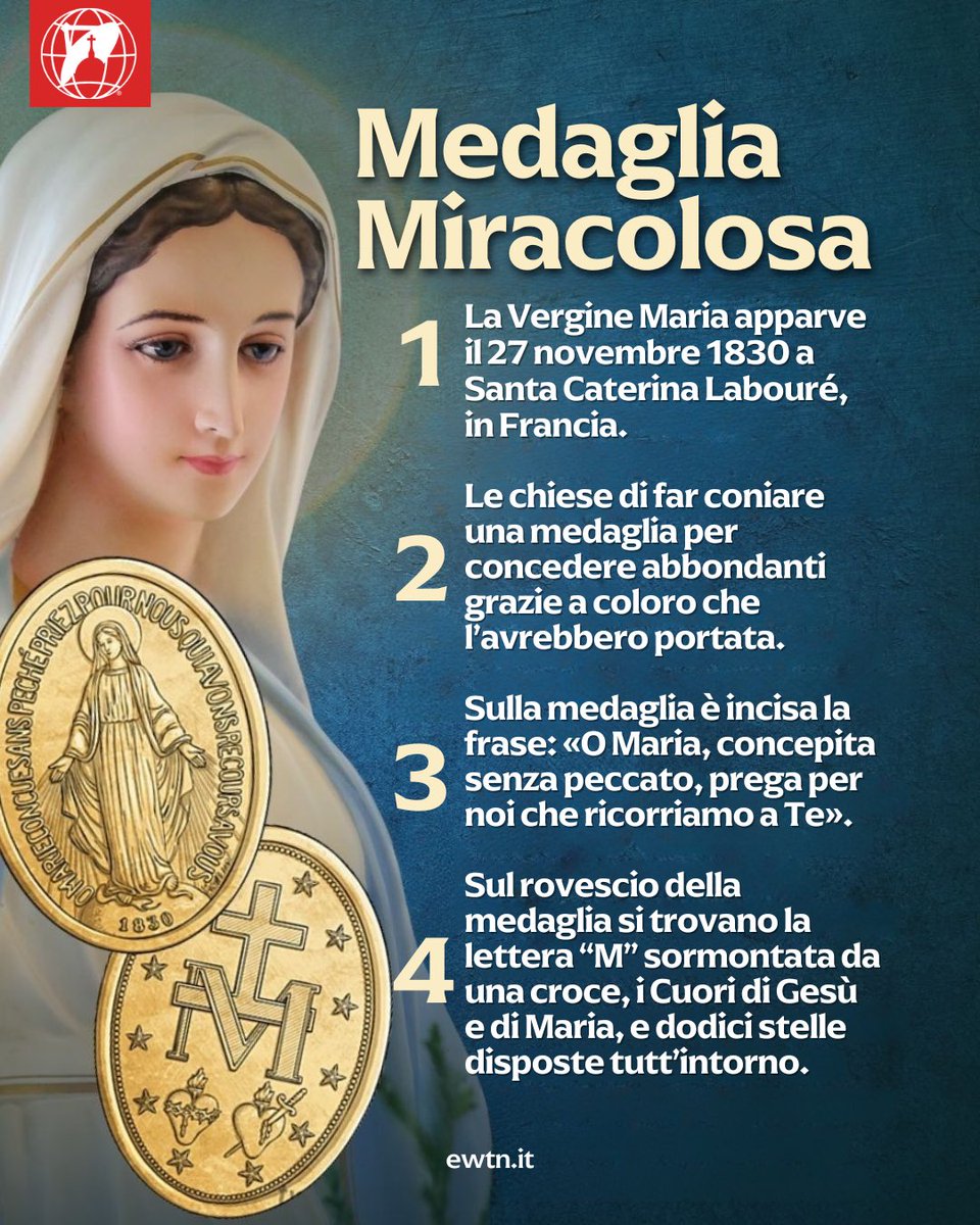 Oggi si venera la Vergine della Medaglia Miracolosa 🙏

La Medaglia Miracolosa è un sacramentale — un oggetto di pietà — destinato a predisporre i fedeli a ricevere la grazia di Dio; un segno visibile del desiderio di ogni credente di cooperare con questa grazia, accompagnando