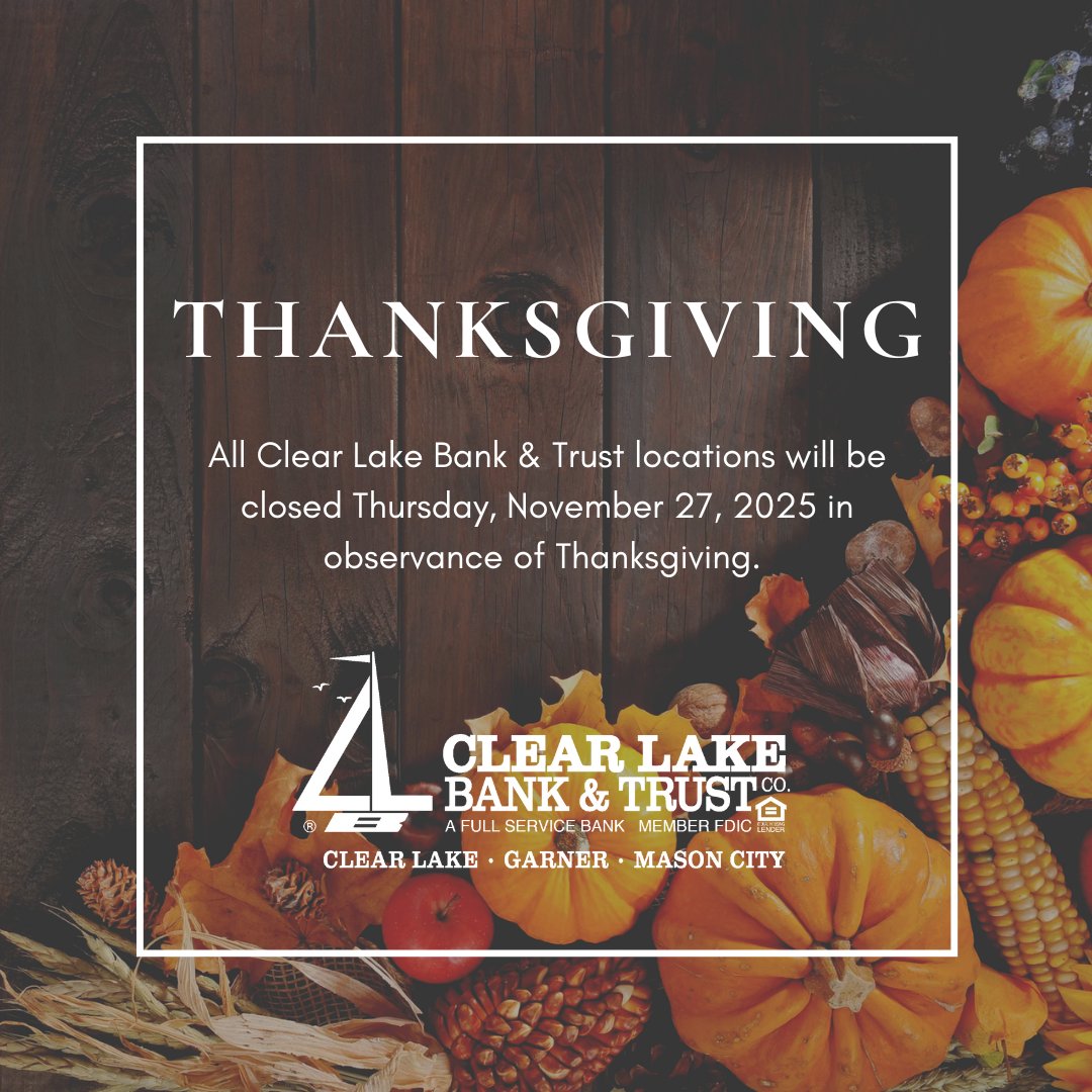 We are thankful for you! All CLB&amp;T locations will be closed today, November 27th, in observance of Thanksgiving. Enjoy the holiday!