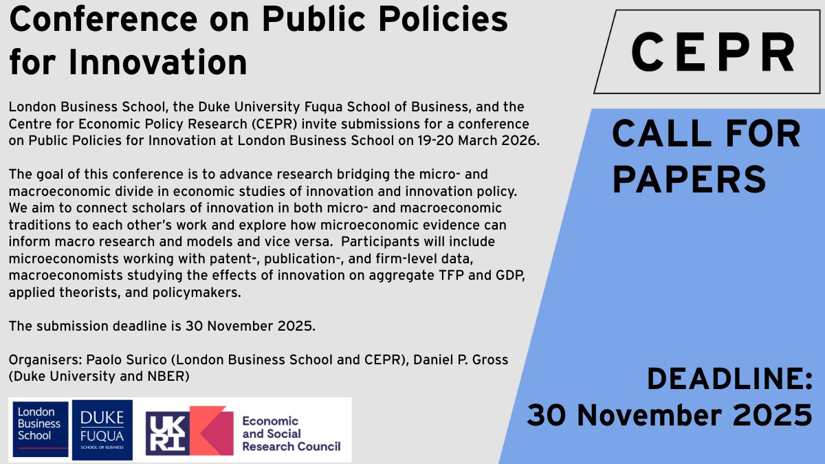 cepr_org's tweet image. 📢Three more days to submit a paper! #CallForPapers Conference on Public Policies for #Innovation
@ESRC @LBS @DukeFuqua and CEPR invite submissions for a conference on Public Policies for Innovation @LBS on 19-20 March 2026.
Deadline: 30 November
ow.ly/fLn750X0ML3…