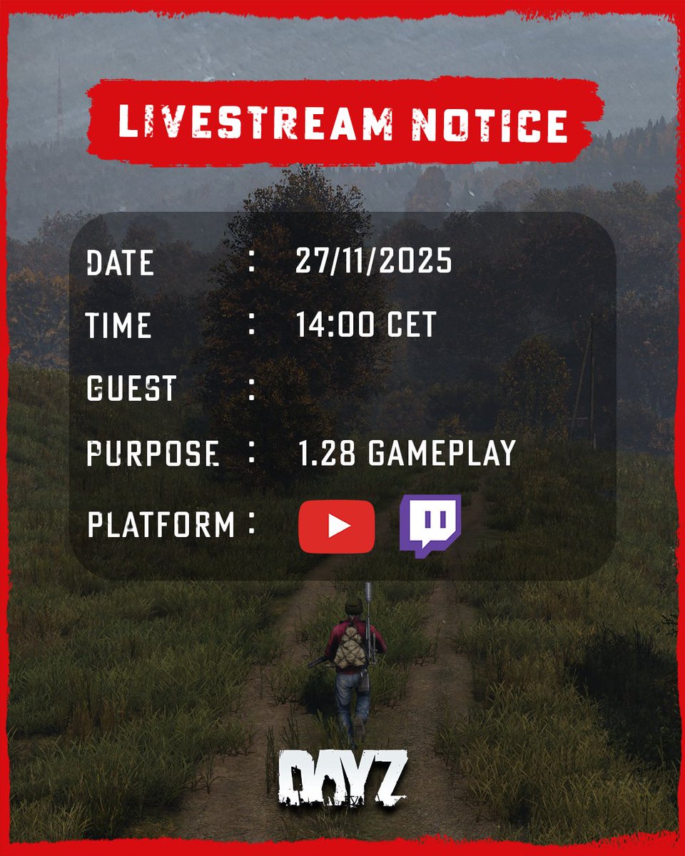 📢Survivors,
Join us later today for a livestream!
Topic: 1.28 Shotgun only challenge
Stream will start at 14:00 CET
Watch us on Twitch or YouTube 👇
twitch.tv/dayz + youtube.com/@DayZDevTeam