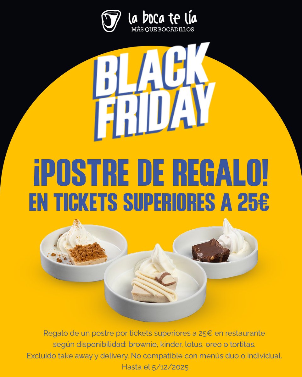 ¡POSTRE DE REGALO! Por el Black Friday, si tu ticket supera los 25€ en restaurante, te invitamos a un postre: brownie, lotus, kinder, oreo o tortitas. Elige el que quieras. Hasta el 5 de diciembre.

#blackfriday #lbtl #labocatelia #postregratis