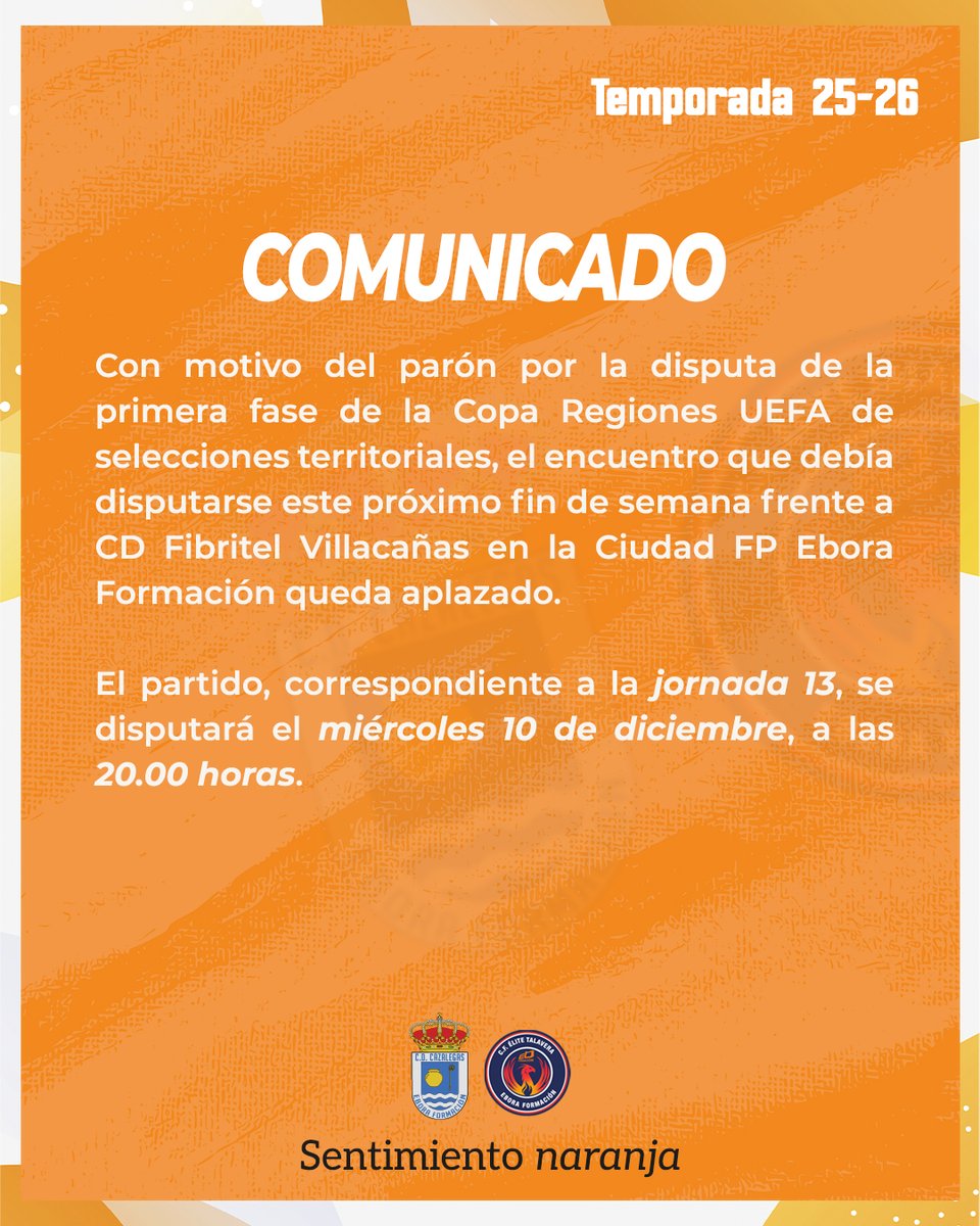 🗓️⏸️ APLAZAMIENTO ⏭

🚨 Con motivo de la disputa de la primera fase de la Copa Regiones UEFA, el encuentro que debía disputarse este próximo fin de semana frente a CD Fibritel Villacañas queda aplazado.

El partido se disputará el miércoles 10 de diciembre, a las 20.00 horas.