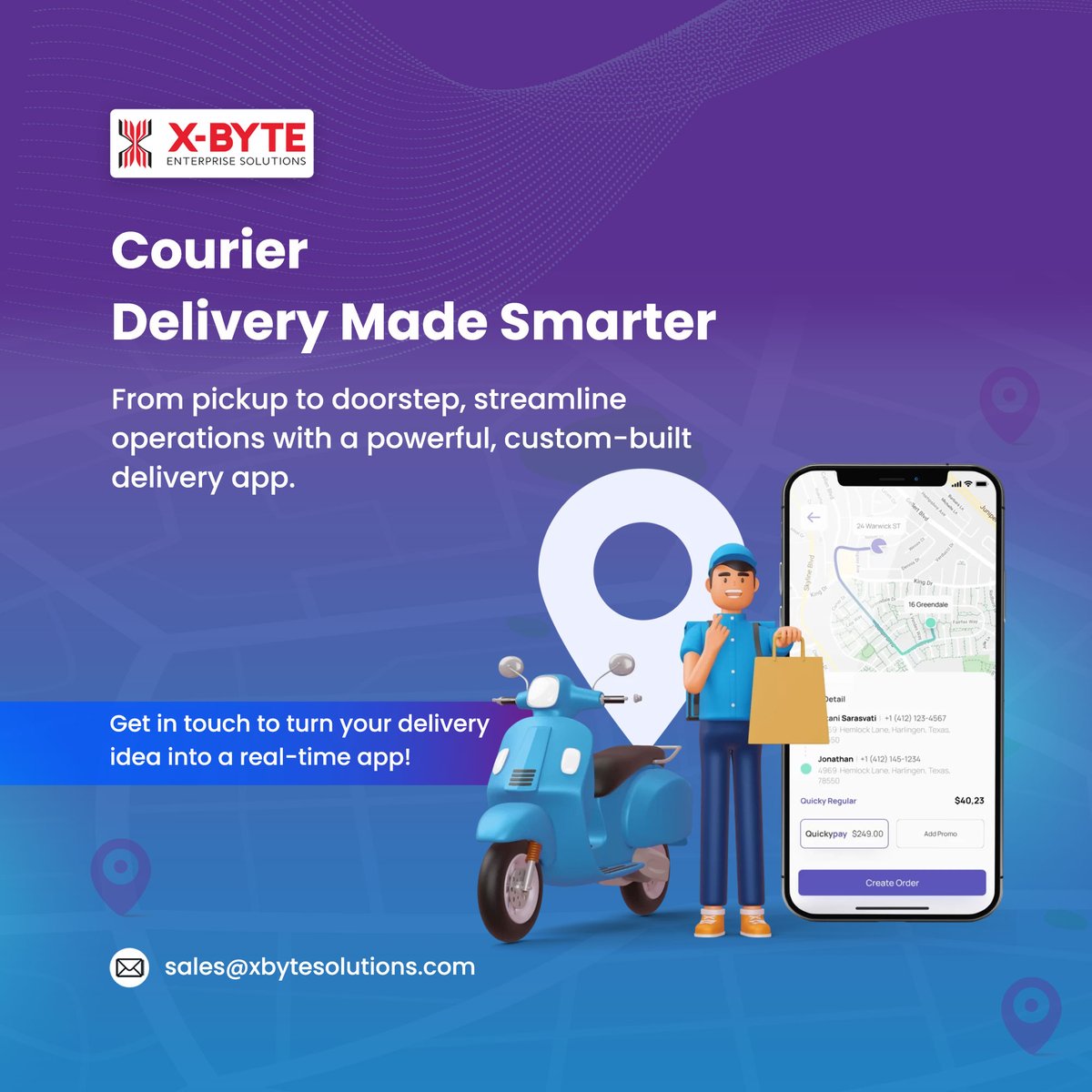 xbyte_solutions's tweet image. Courier Delivery Made Smarter!
From pickup to doorstep, streamline deliveries with a real-time custom app. 
Track, optimize, and deliver faster — all in one platform. 

Read More: t.ly/4cDGA

#CourierApp #DeliveryTech #AppDevelopment #XbyteSolution
