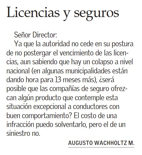 Otra grave consecuencia del pésimo diseño de la Licencia Digital por parte del MTT: el enorme atraso para obtener o renovar la licencia, obliga a muchísimas personas a circular con licencia vencida, por lo que en caso de accidente, los seguros no cubren.