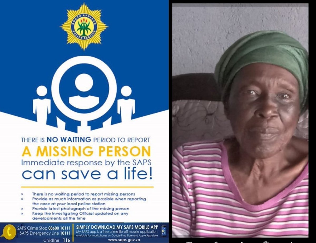 _ArriveAlive's tweet image. The Police in Belfast are appealing to the community to assist in locating Lahliwe Magrieta Dladla, aged 79.

arrr.co.za/BlLjt

#ArriveAlive #MissingPerson @SAPoliceService