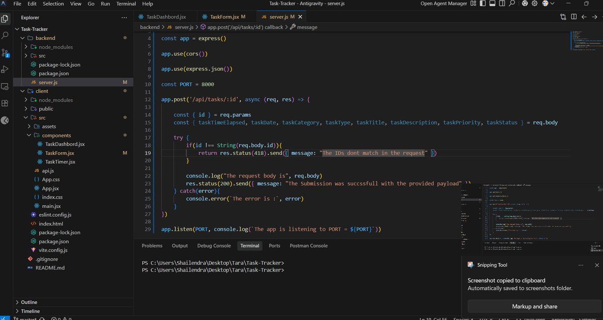 tarasi7261's tweet image. Big step today, I created my first API on the backend! 🚀
Connected it with a frontend form and successfully displayed the submitted details in the console.
Feels awesome to see backend ↔ frontend talking to each other 😄
#WebDev #Backend #LearningInPublic #JavaScript