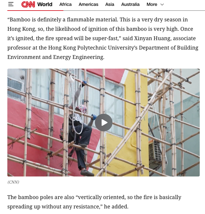 (1/3) Regarding the Hong Kong fire: CNN quoted PolyU’s Prof. Huang saying bamboo is flammable, implying the bamboo scaffold was the main driver.

But multiple clips show the netting and wrap igniting, not the scaffold; most bamboo poles remained intact.