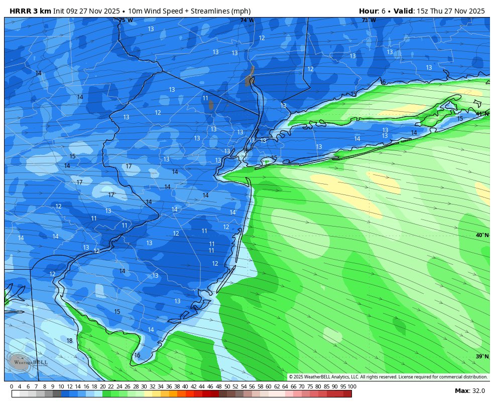 Good morning! Today will be colder with blustery winds in the NYC metro area. We’ll have partly sunny skies. High temps will be in the mid 40s. Westerly winds will gust up to 35mph at times. Happy Thanksgiving! 🦃