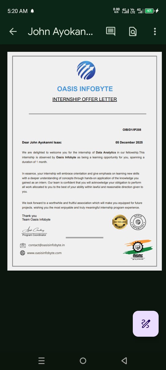 JohnAyokanmi's tweet image. I’m excited to share that I’ll be starting a 1-month Data Analyst Internship at Oasis Infobyte! 

This internship feels like a big step forward, and I’m truly grateful for the opportunity to learn, contribute, and gain experience.

#DataAnalytics #Internship #OasisInfobyte