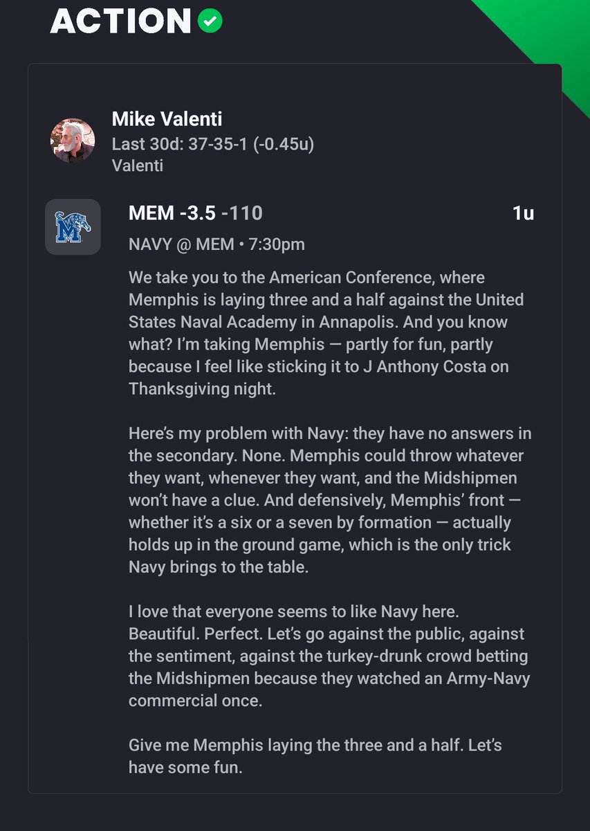 valentishow's tweet photo. Memphis -3.5  -110
SPREAD
Round 28 | @JimCosta_ Head-to-Head
—
Navy Midshipmen @ Memphis Tigers
7:30 pm - 27 November 2025
—
#NAVYvsMEM #CollegeFootball #GamblingTwitter https://t.co/LzzRYFbkzD