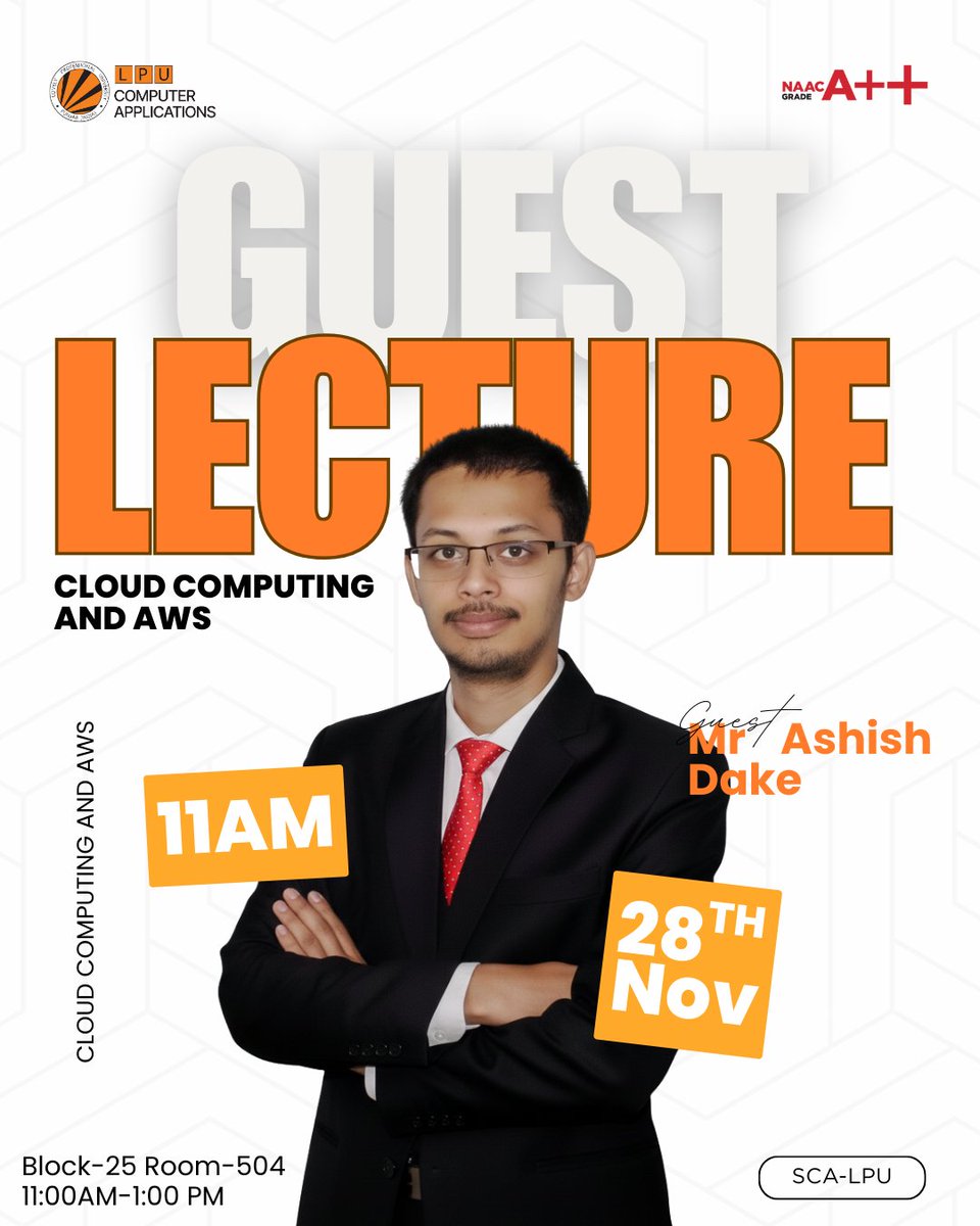LPUComputerApp's tweet image. Insightful session on Cloud Computing &amp;amp; AWS by Mr. Ashish Dake at SCA-LPU!
Students gained practical exposure to cloud deployment, real-time use cases, and future tech trends.
#CloudComputing #AWS #GuestLecture #SCALPU #LPU