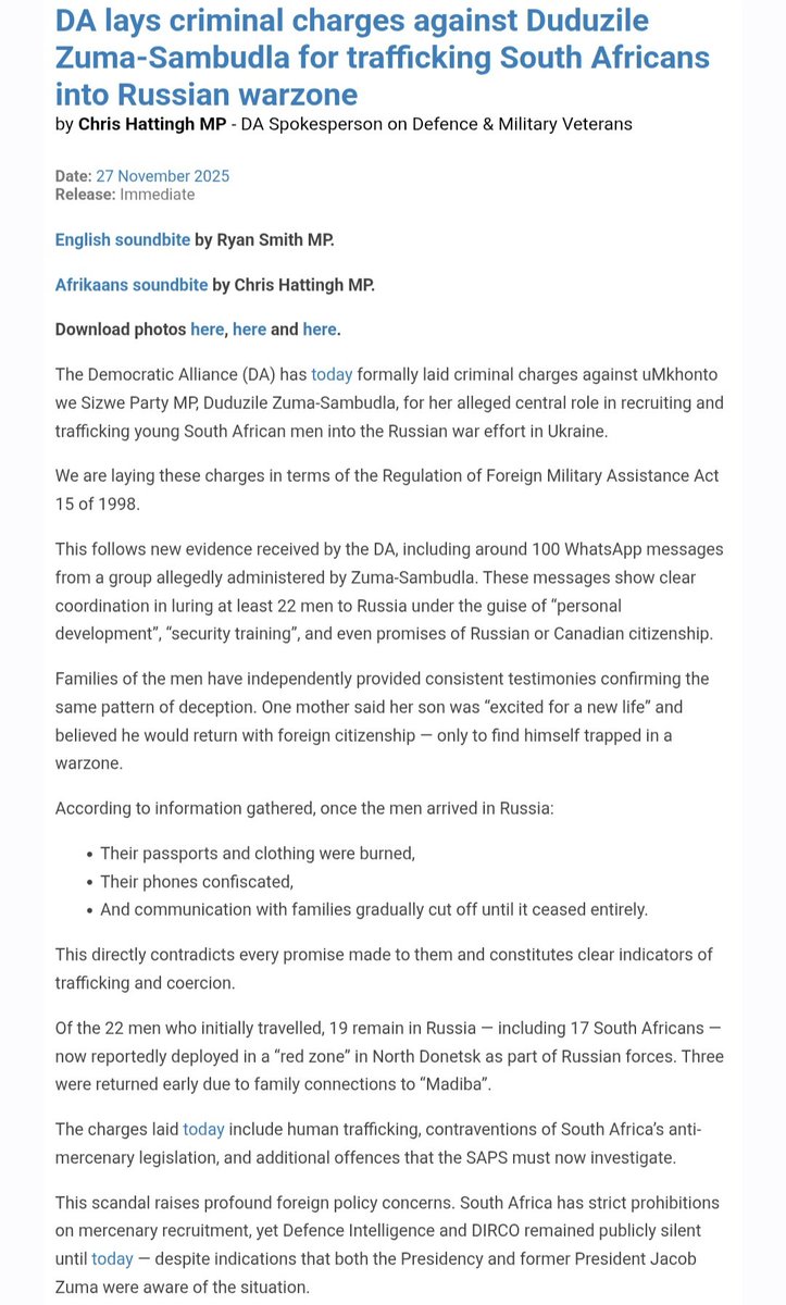 The DA has laid charges against MK and Duduzile Zuma for her alleged role in recruiting men to fight Russia's war. Multiple charges were laid regarding human trafficking and contraventions of mercenary legislation. The men had their passports and phones destroyed upon arrival.