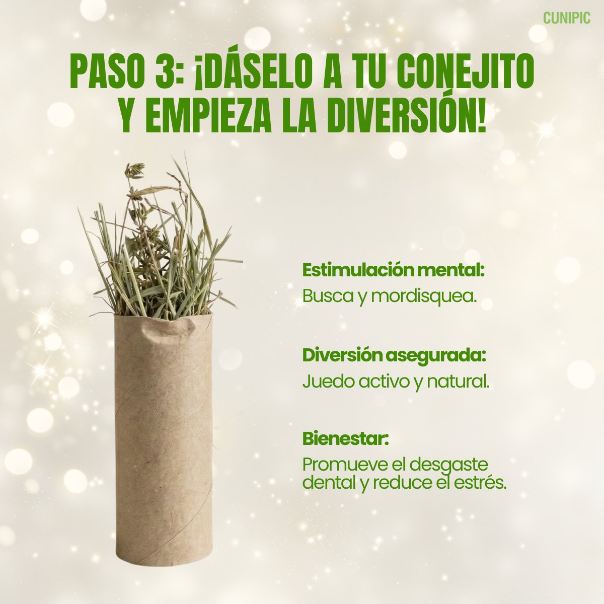 DIY fácil para tu conejo 🐰💚 A veces, los mejores juguetes… ¡son los más simples! Con un tubo de cartón y un poco de heno, puedes crear en segundos un juguete que estimula su curiosidad, su olfato y sus ganas de explorar. 

#DIYConejos #Cunipic #EnriquecimientoAmbiental