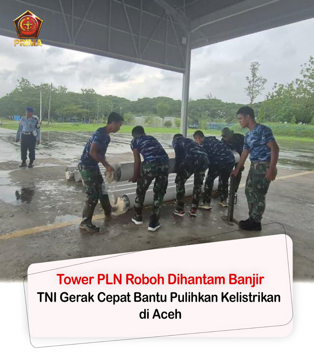 Puspen_TNI's tweet photo. TNI bergerak cepat membantu pemulihan jaringan listrik di Aceh setelah banjir besar pada 26 November 2025 merobohkan sejumlah tower tegangan tinggi PLN di Kabupaten Pidie. Untuk mempercepat perbaikan, TNI mengerahkan pesawat Hercules yang membawa materiel tower emergensi dari kloter pertama pada 27 November 2025. Kerusakan terjadi pada jalur transmisi Arun–Birun hingga Birun–Peusangan, yang membutuhkan penanganan segera agar distribusi listrik masyarakat tidak semakin terganggu.

Di lapangan, TNI mengerahkan personel dari berbagai satuan, termasuk Yon Zipur, Bekangdam, Komlek, dan Pomdam, lengkap dengan dukungan logistik seperti truk pengangkut tower, perangkat komunikasi, dan genset. Langkah cepat ini menjadi wujud komitmen TNI dalam menjaga stabilitas serta mempercepat pemulihan infrastruktur vital pascabencana agar kelistrikan Aceh segera kembali normal.

#tniprima