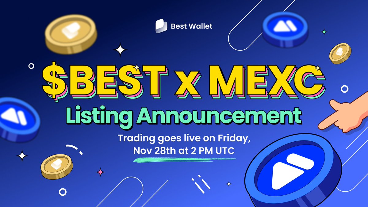 BestWalletHQ's tweet image. 🚀 $BEST is coming to @MEXC_Official! 🚀

🗓️ Trading for the BEST/USDT pair opens on Friday, Nov 28th at 2 PM UTC.

Don’t forget to check our full guide to prepare for claim inside Best Wallet.

Download the app today! 📲 bitesly.io/b_BW_Web