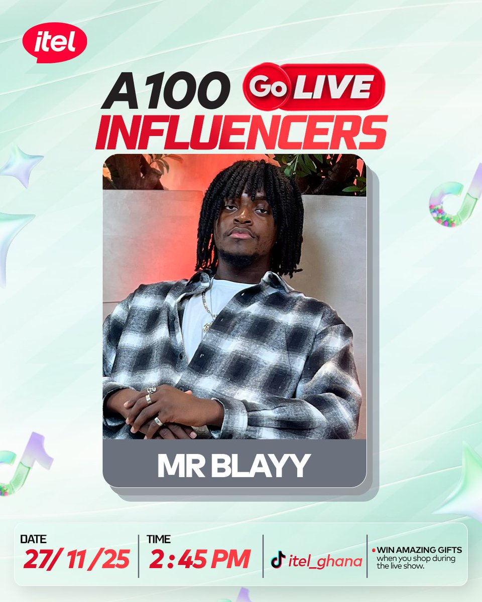 itelghana's tweet image. 🔥 We’re going LIVE with Mr Blayy
Join us on 27/11 at 2:45 PM as he unveils the exciting A100 experience—fun, vibes, and amazing giveaways!
Don’t miss it! 🎉📱
   
Tap here to join our live today&amp;lt;vm.tiktok.com/ZMHTSBX4PYmMn-…&amp;gt;

#itelA100  
#AIForEveryone
#LiveStreaming