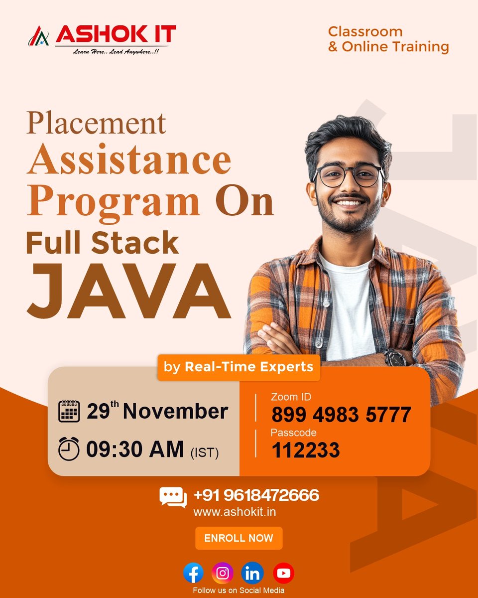 ashokitschool's tweet image. 💻 Placement Assistance Program on Full Stack JAVA
.
📲 Register Now: tr.ee/M6rA2u
.
👨‍🏫 Trainer: Real-Time Experts
📅 Date: 29th November
⏰ Time: 09:30 AM (IST)
💻 Mode: Classroom &amp;amp; Online
.
#FullStackJava #JavaDeveloper #PlacementAssistance #AshokIT