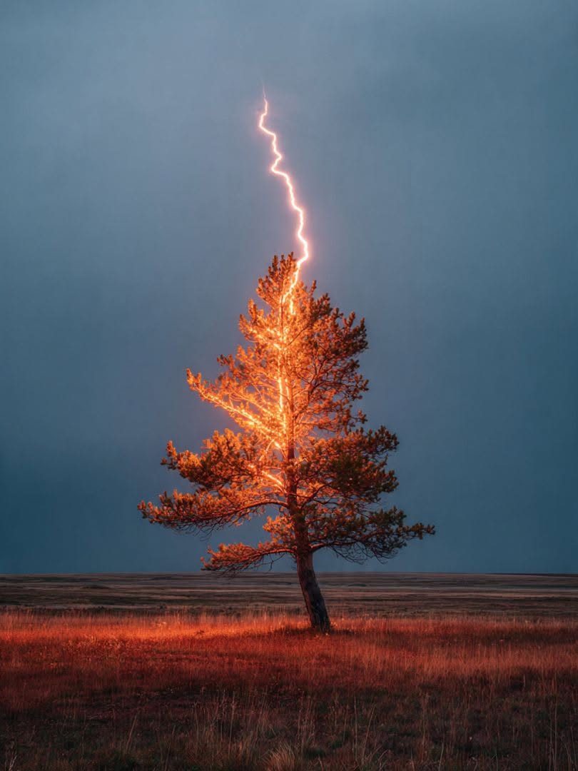 InterestingSci1's tweet image. Good Evening x Family 
Last night’s “Lightning Tree” strike captured in a single unbelievable frame ⚡🌲
A bolt hit this lone pine on the open plains — lighting it from the inside like it was glowing.
Moments like this last less than a second… but the shot feels unreal.