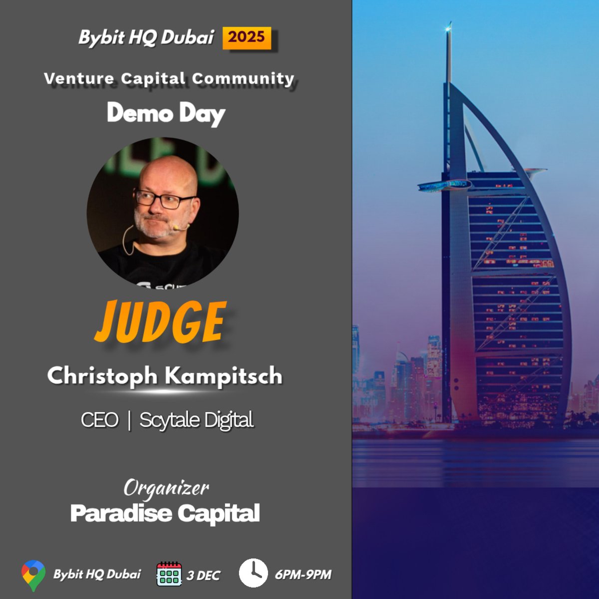 🔊 We are thrilled to announce <a href="/DaKampe/">Christoph</a>  CEO at Scytale Digital as jury member of our upcoming VCC Demo Day (Dubai December Edition). 

Christoph held several leadership roles during his 30-year career at Erste Group Bank, Austria’s largest banking institution. Starting as