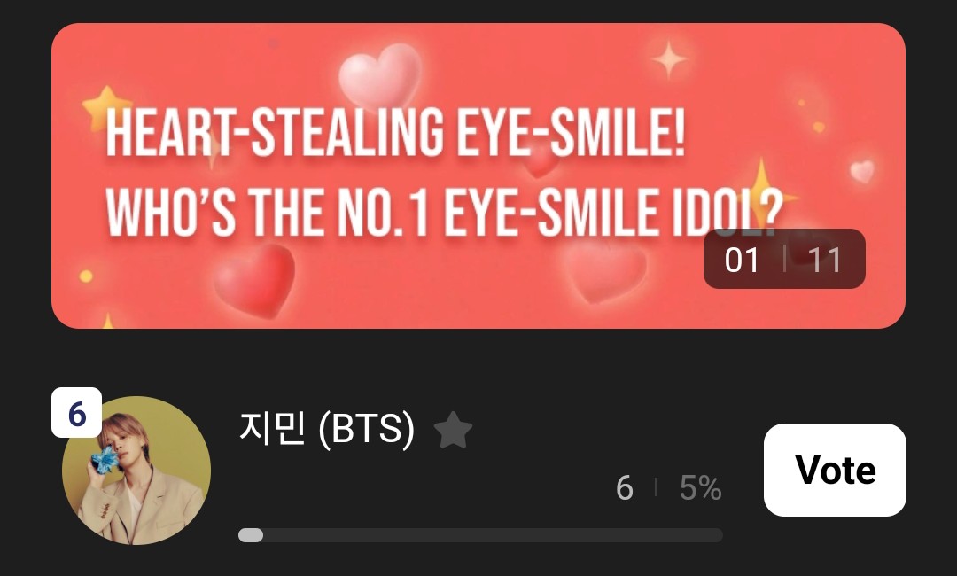 voteforpjm2's tweet image. 🗳HIGHER 
Heart-stealing eye smile! Who&apos;s the No.1 eye-smile Idol?
📌myhigher.chottu.link/FTbqSw

Please open your Higher app and collect Ruby, let&apos;s support Jimin on this theme vote!

1 vite  = 20 Rubies or 2 diamonds
(Unlimited voting)

🏆Winner reward
✨️ Yeongdeungpo Time Square…