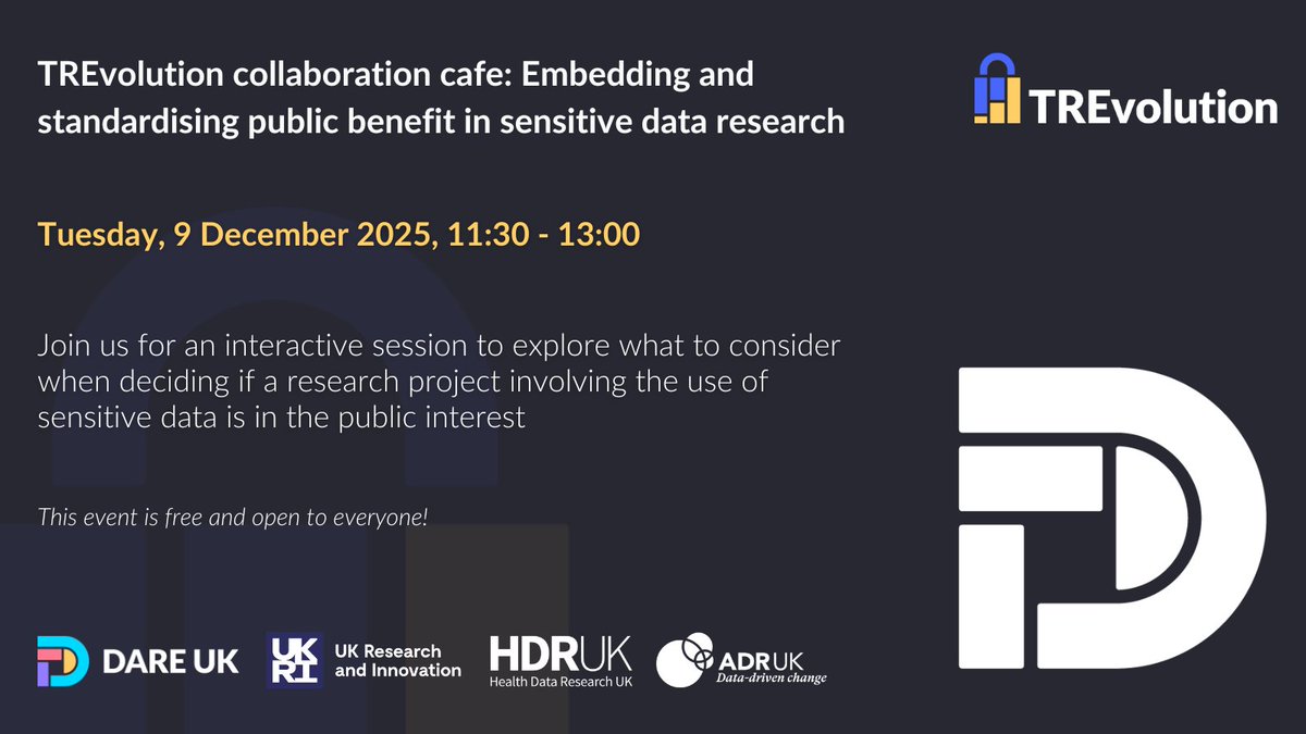 DARE_UK1's tweet image. 🔍 What makes a research project truly in the public interest?

Join us for an interactive session with The Public Engagement in Data Research Initiative (PEDRI) exploring how to assess public benefit in sensitive data research within Trusted Research Environments (TREs).

We’ll…