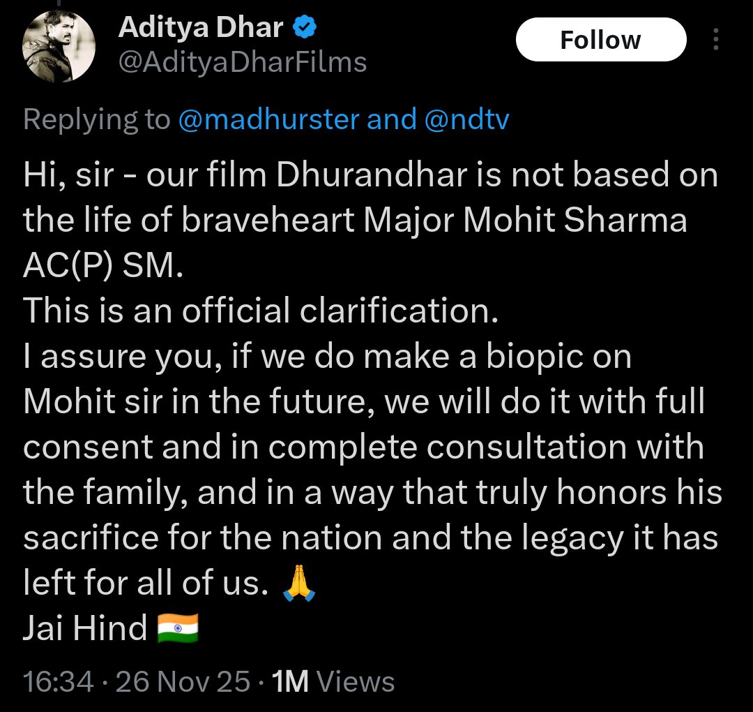 devaaaaang's tweet image. The film Dhurandhar is not based on the life of Major Mohit Sharma.